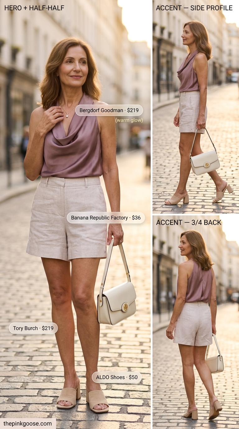 Cream linen shorts, blush pink silk blouse, and nude mules for a breezy summer outfit for women over 60 2026.