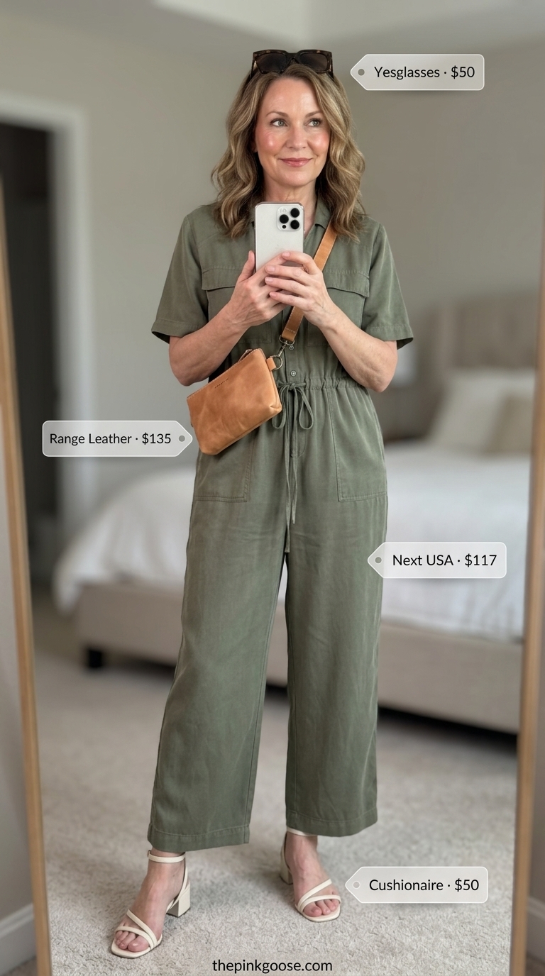 Olive green utility jumpsuit, tan belt bag, and cream sandals for a breezy summer outfit for women over 60 2026.