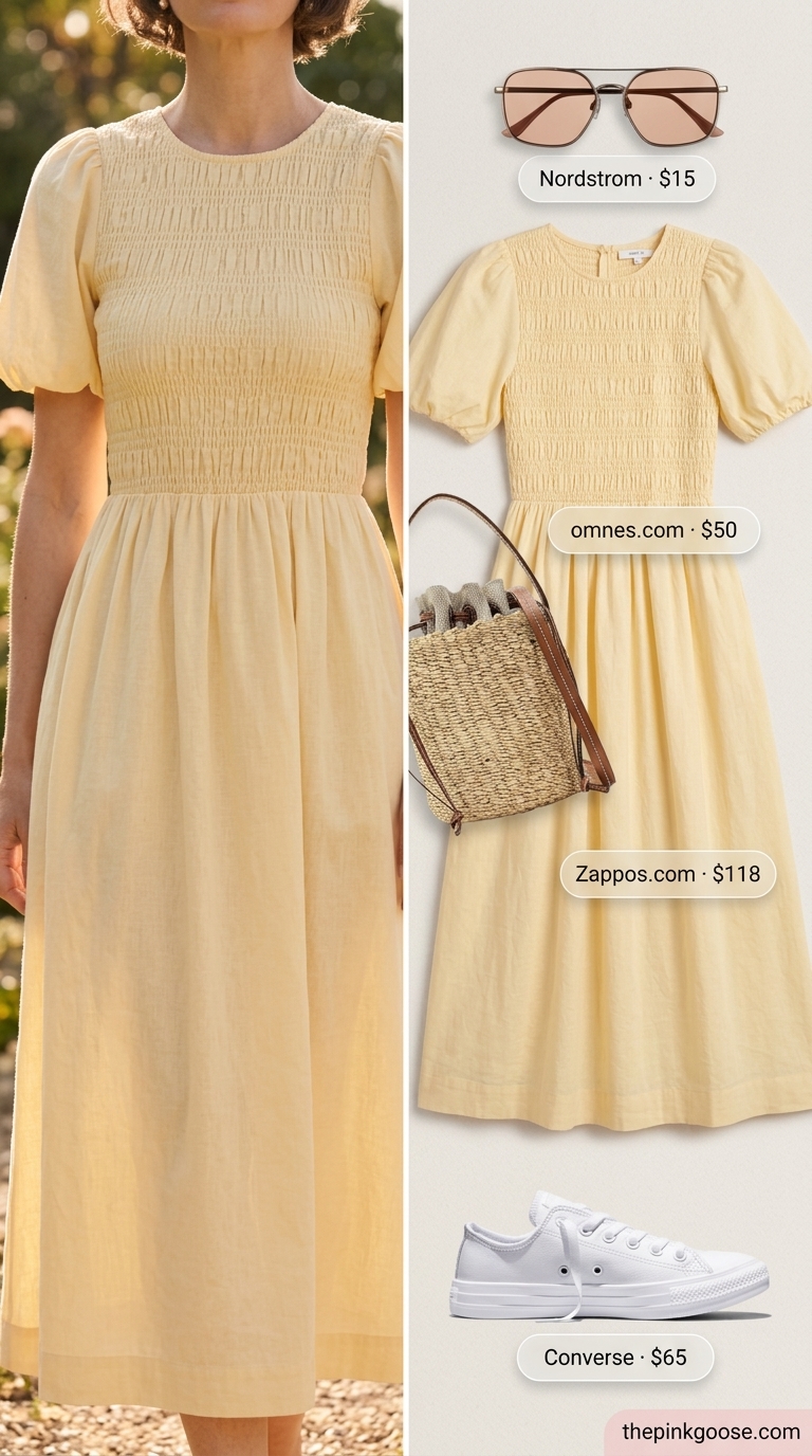 Sunny yellow midi dress, white sneakers, and straw bag for a breezy summer outfit for women over 60 2026.