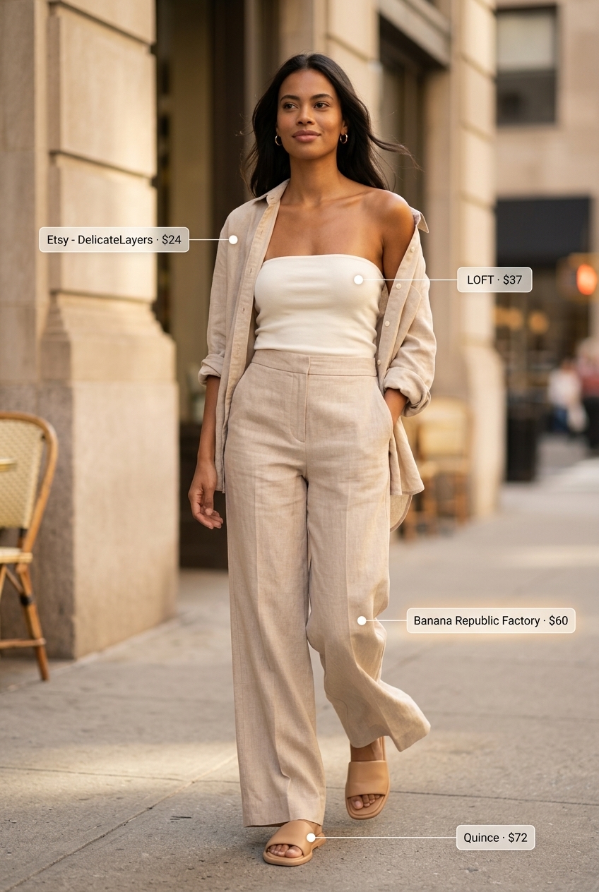 Sophisticated cream linen pants for brunch date outfits summer for women 2026. Wide-leg pants, oversized shirt & slides.
