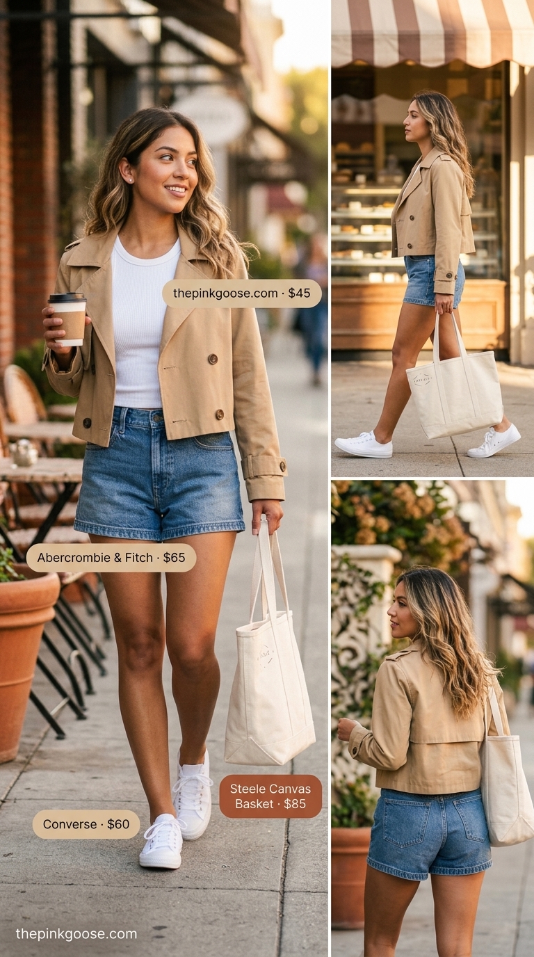 Denim shorts with coral print blouse and canvas sneakers for sunny brunch outfits women 2026.