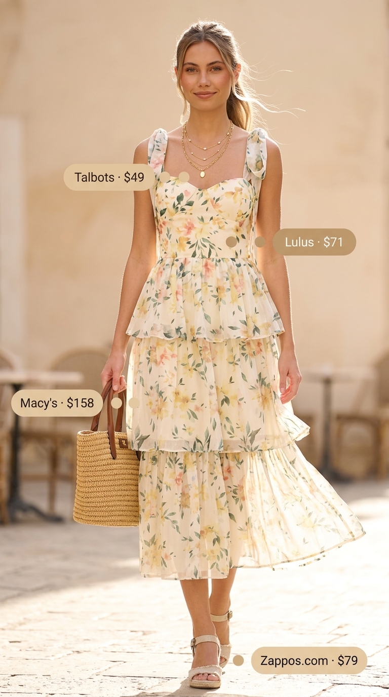 Feminine floral midi dress for brunch date outfits summer for women 2026. Pastel print dress, espadrilles & straw tote.
