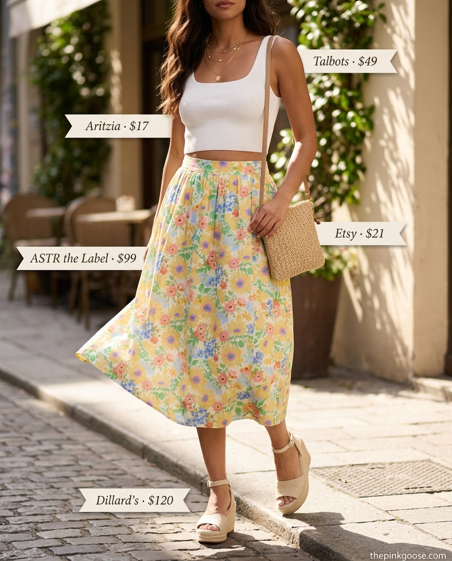 Floral midi skirt with white crop top and espadrilles for feminine brunch outfits women 2026.