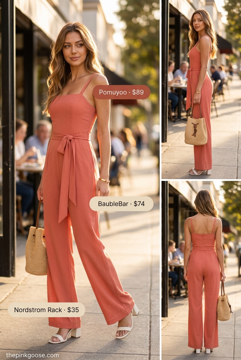 Terracotta orange wide-leg jumpsuit with gold jewelry and cream sandals for brunch date outfits women 2026.