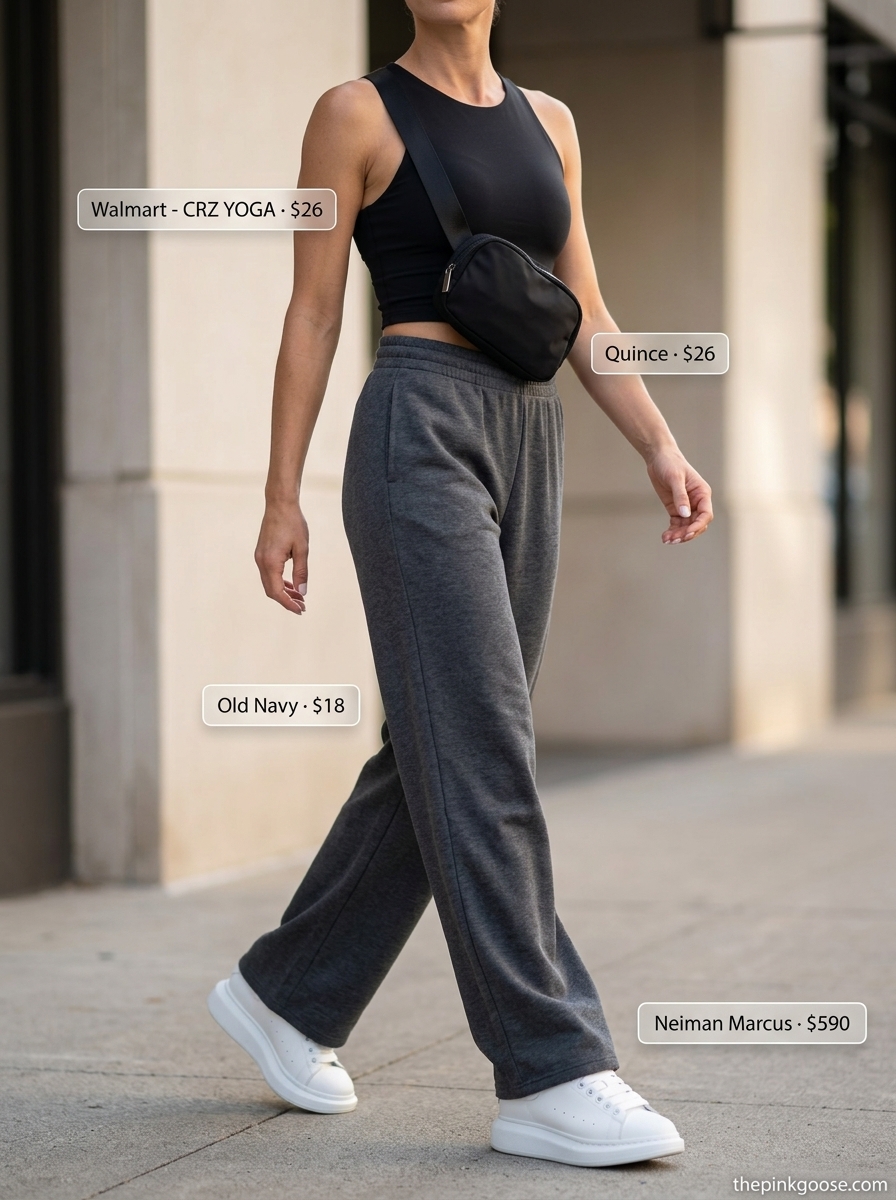 Charcoal grey wide-leg pants with black crop top and sneakers for sporty brunch outfits women 2026.