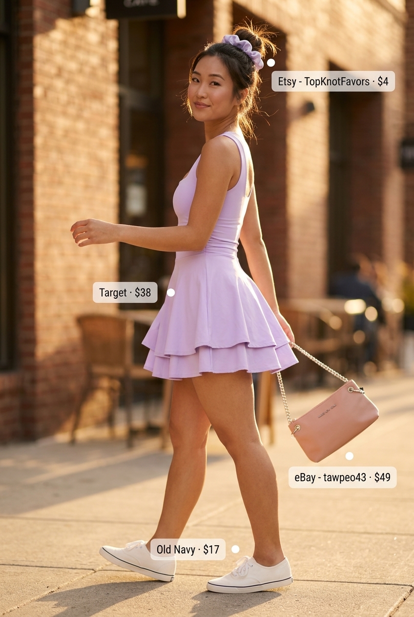 Sweet lavender sundress for brunch date outfits summer for women 2026. Mini dress, sneakers & crossbody bag.