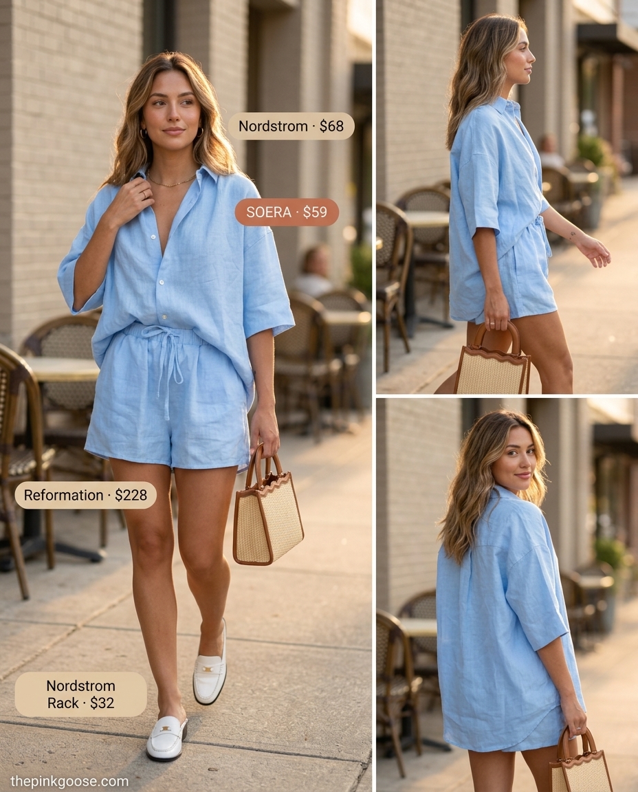 Polished soft blue linen set for brunch date outfits summer for women 2026. Cropped shirt, shorts, mules & bag.