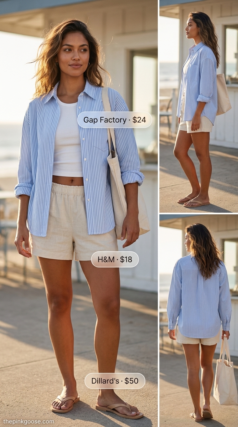 Beige linen shorts with white tank and blue stripe shirt for casual brunch outfits women 2026.