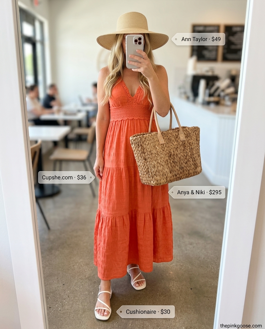 Coral orange maxi dress with white sandals and straw hat for summer brunch outfits women 2026.