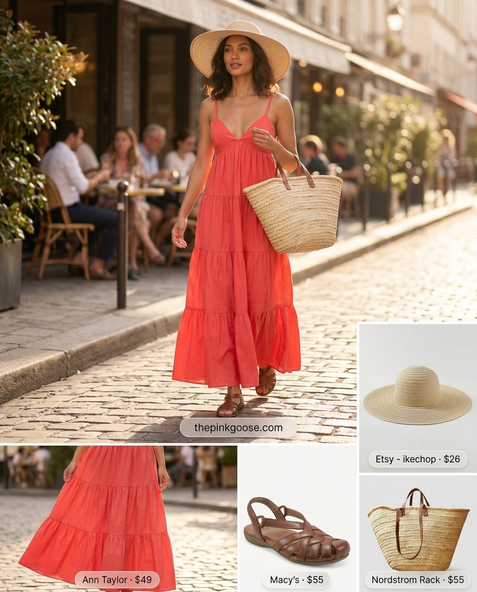 Elegant coral red maxi dress for brunch date outfits summer for women 2026. Flowy dress, straw hat & tote.