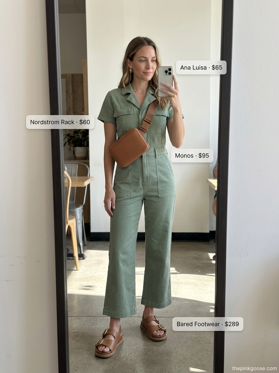 Khaki green utility jumpsuit with chunky sandals and belt bag for casual brunch outfits women 2026.