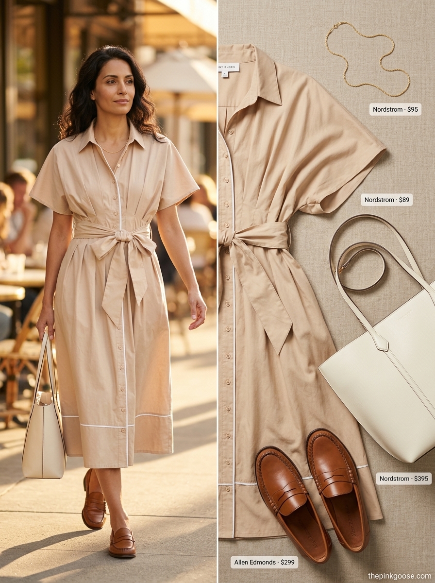 Sophisticated light beige shirt dress with leather loafers for summer brunch date outfits women 2026.