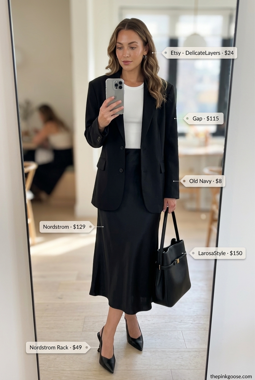 Modern black satin midi skirt with oversized blazer for summer brunch date outfits women 2026.