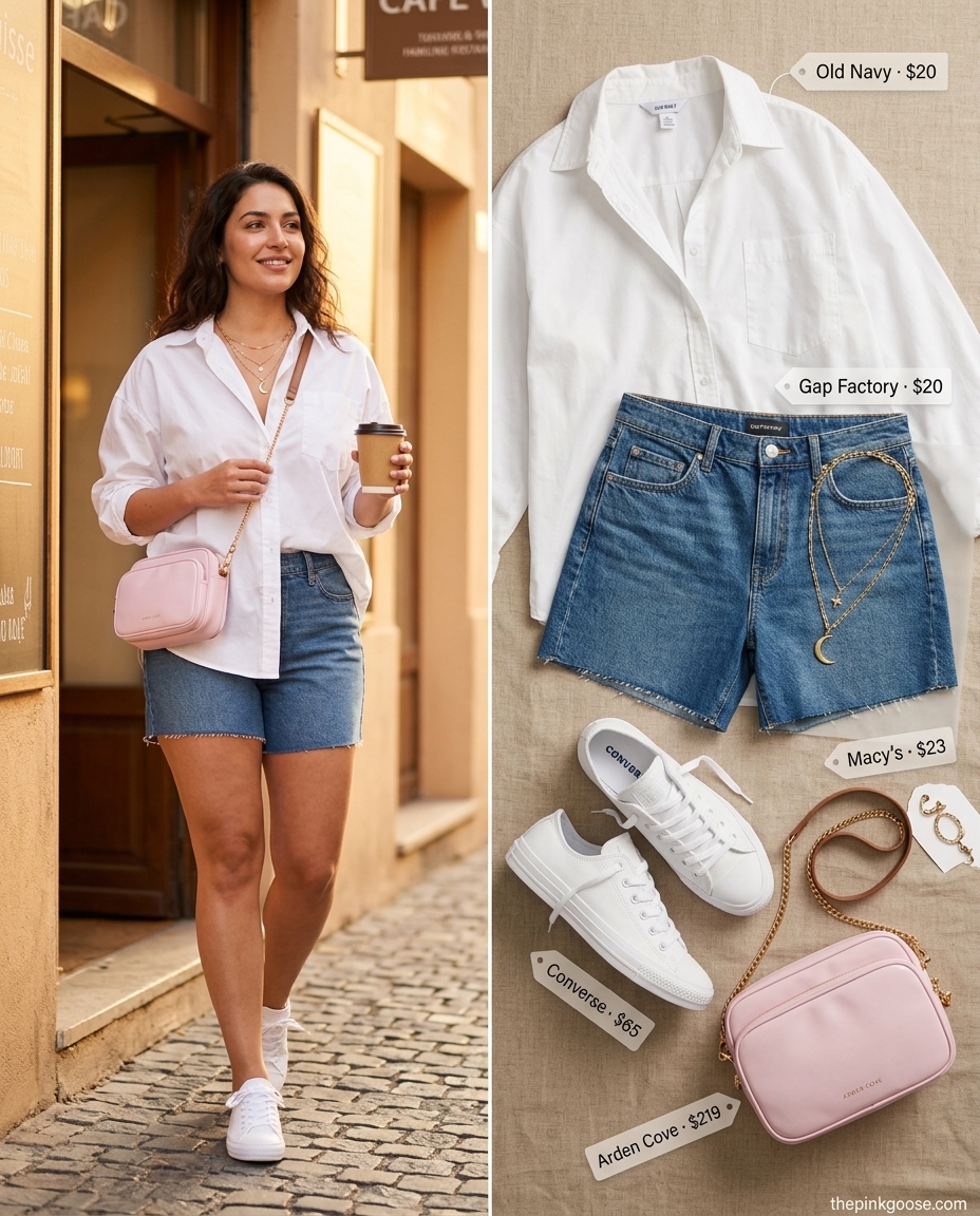 Casual denim shorts with white button-down shirt for summer brunch date outfits women 2026.