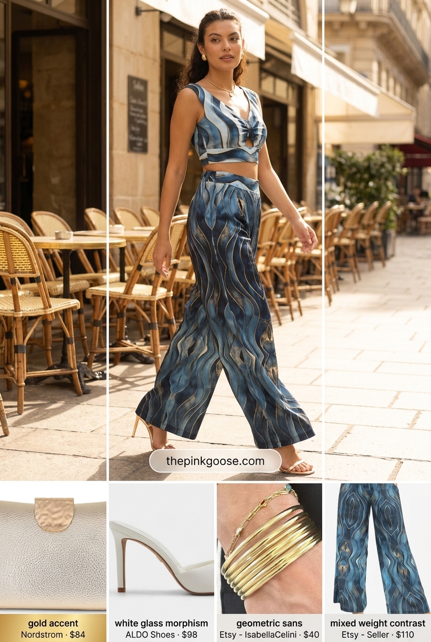Chic navy and white print co-ord set with gold accessories for summer brunch date outfits women 2026.