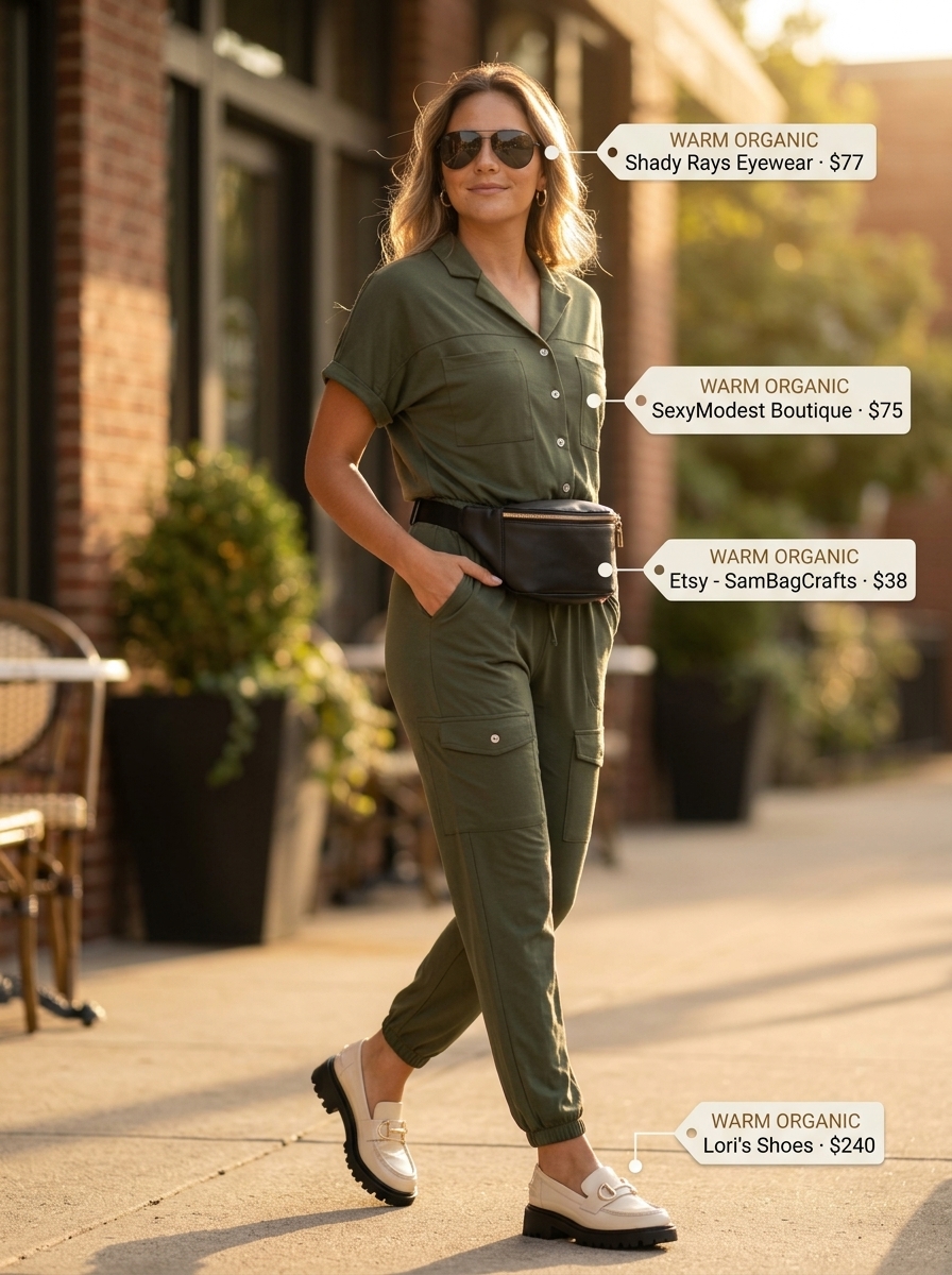 Modern olive green utility jumpsuit with leather loafers for summer brunch date outfits women 2026.