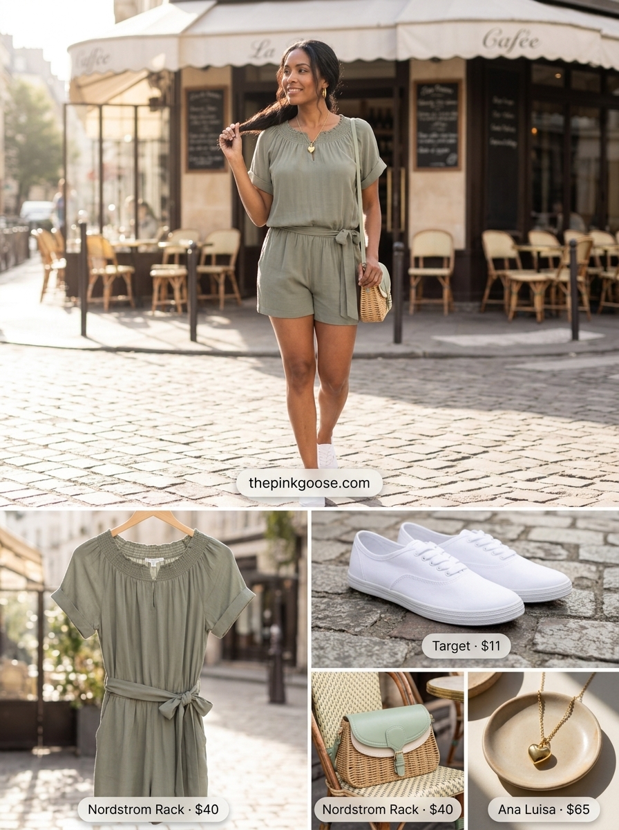 Casual sage green linen romper with white sneakers for summer brunch date outfits women 2026.