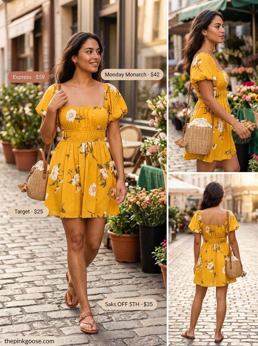 Sweet yellow floral mini sundress with puff sleeves, perfect for summer brunch date outfits women 2026.