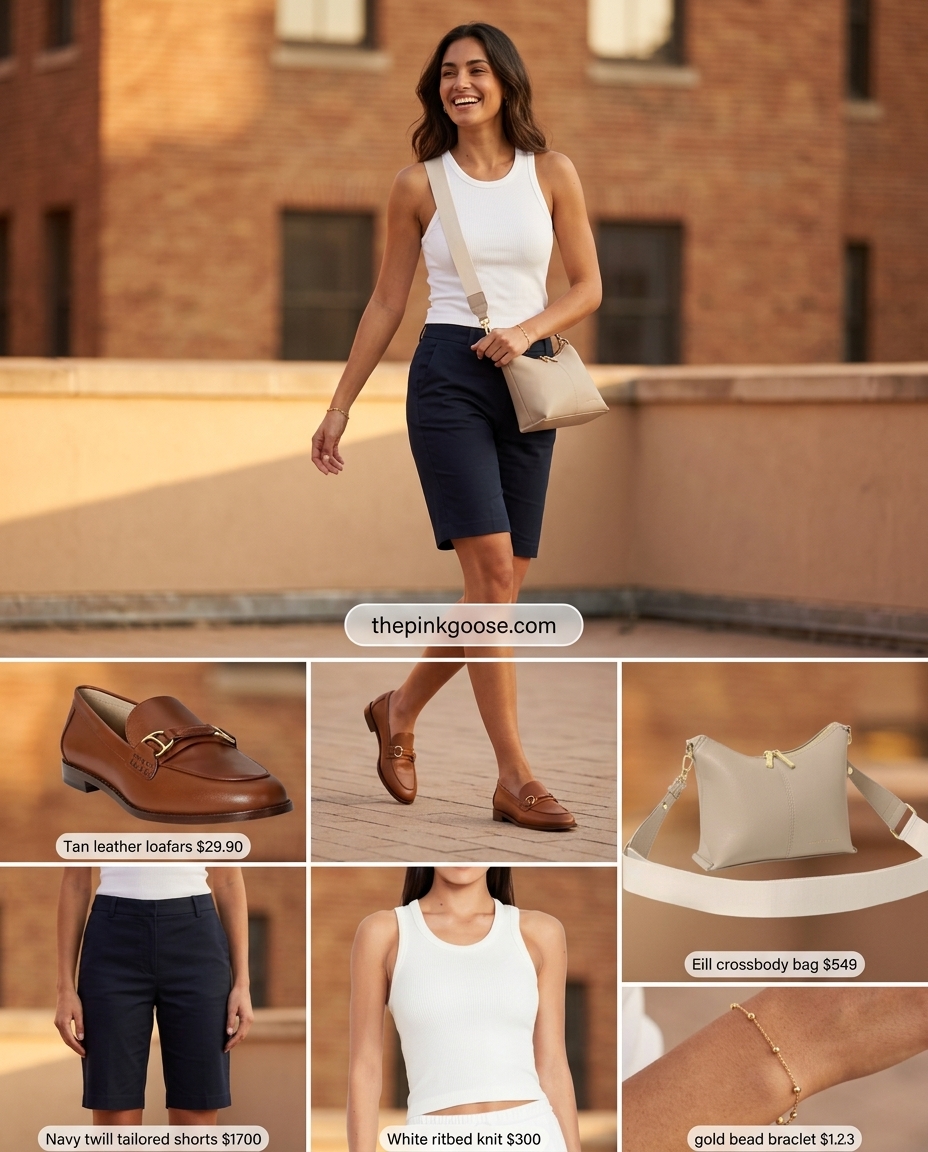 Casual Friday summer outfits for women 2026: Navy Bermuda shorts, ribbed tank, loafers, and crossbody bag.