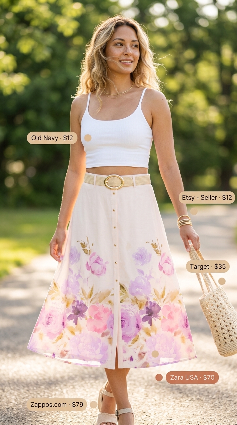Casual Friday summer outfits for women 2026: Floral midi skirt, white crop top, espadrilles, and straw tote for boho vibes.