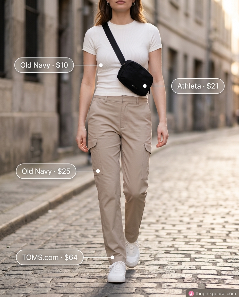 Casual Friday summer outfits for women 2026: Stone beige cargo pants, white tee, sneakers, and belt bag for urban style.