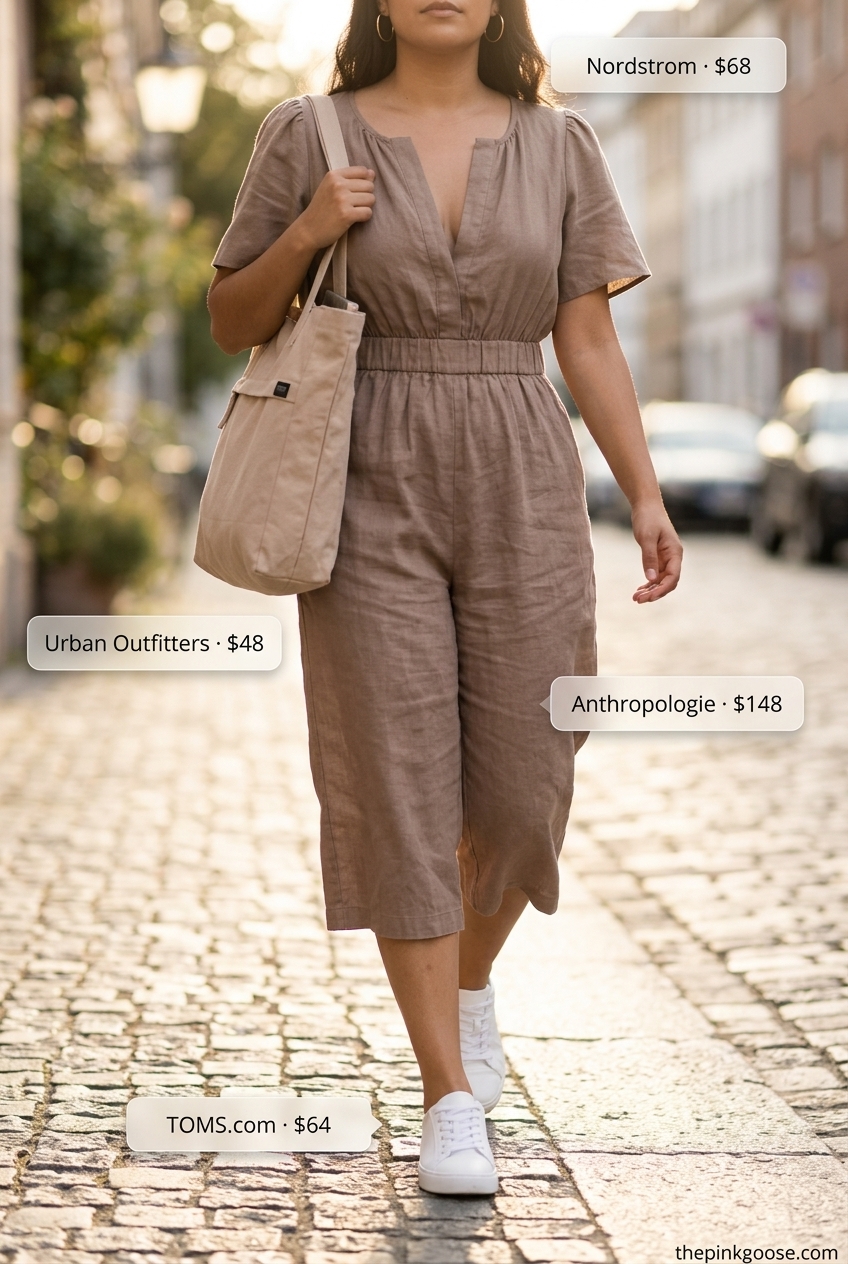 Casual Friday summer outfits for women 2026: Taupe linen romper, white sneakers, gold hoops, and canvas tote for a trendy look.