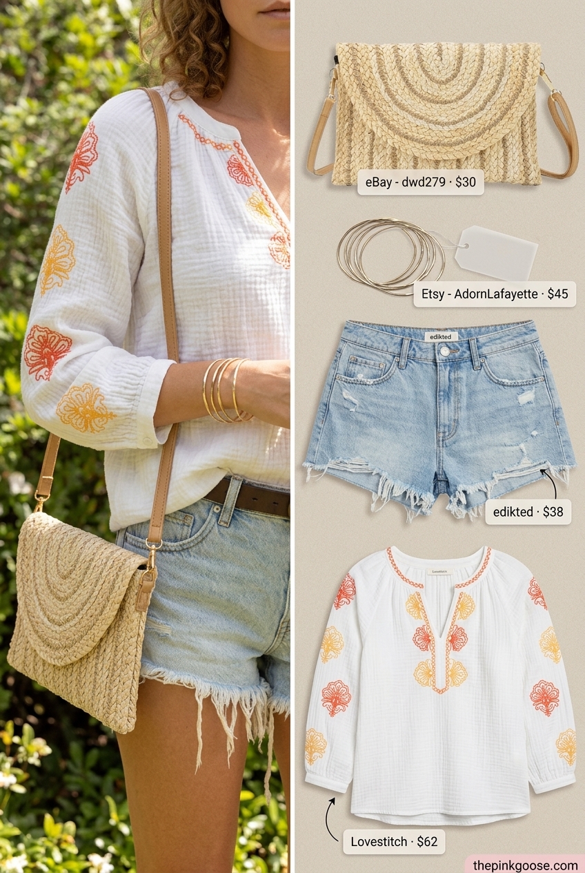 Casual Friday summer outfit for women 2026: White embroidered peasant blouse, denim shorts, straw bag, and tan sandals.