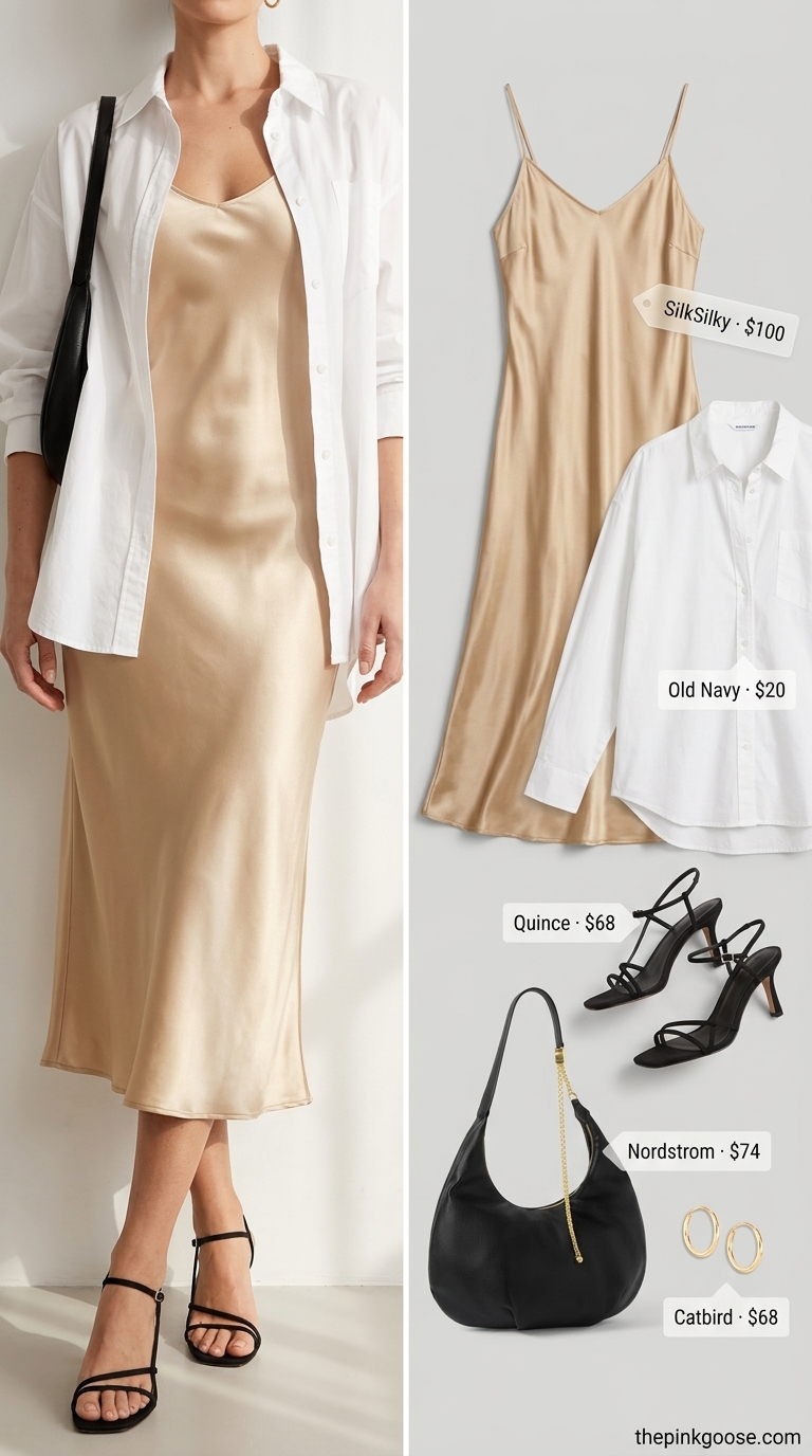 Casual Friday summer outfit for women 2026: Champagne slip dress, oversized white shirt, and strappy heels.