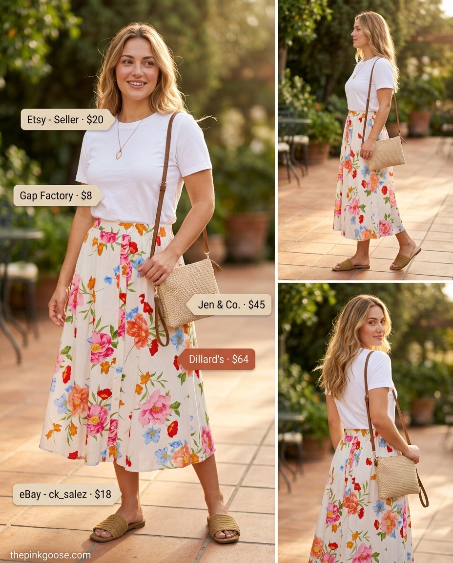 Casual Friday summer outfits for women 2026: Floral midi skirt, white tee, espadrilles, and straw bag.