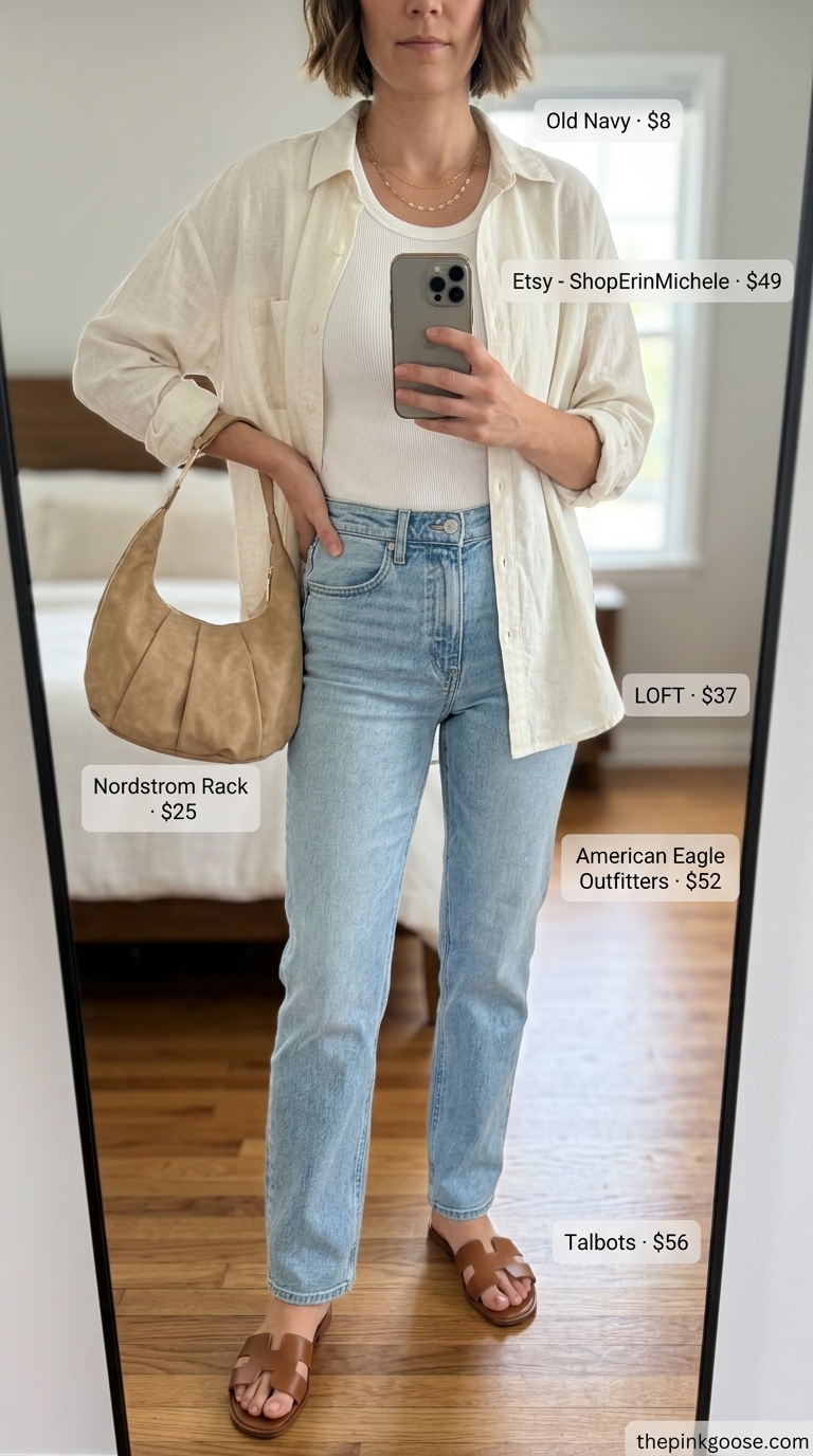 Casual Friday summer outfits for women 2026: Straight-leg jeans, linen shirt, ribbed tank, and leather slides.