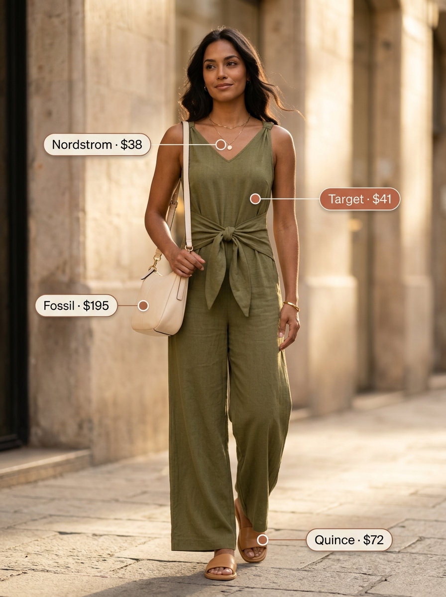 Casual Friday summer outfits for women 2026: Olive green utility jumpsuit, leather slides, and crossbody bag for a chic day out.