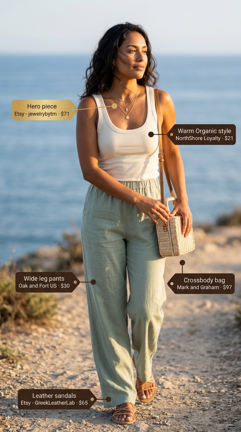 Casual Friday summer outfits for women 2026: Sage green linen pants, cream tank top, and tan leather sandals for a chic evening out.