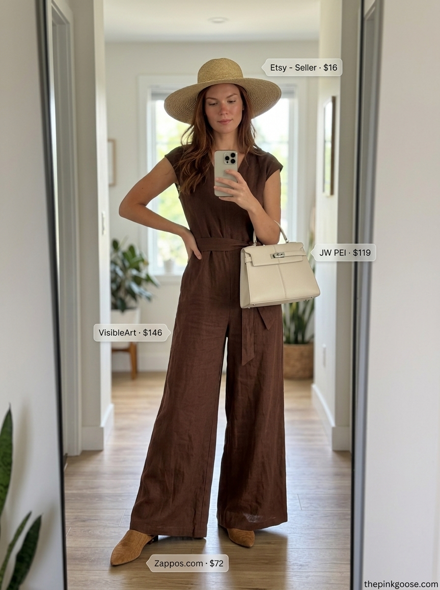 Casual Friday summer outfits for women 2026: Beige linen jumpsuit with straw hat and leather mules.