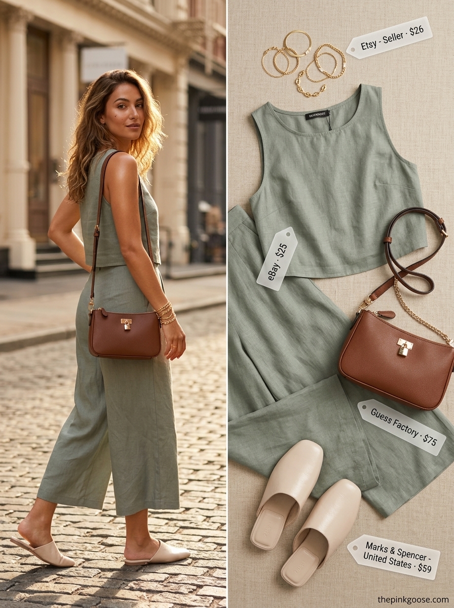 Casual Friday summer outfit for women 2026: Sage green linen set, cream mules, and crossbody bag.