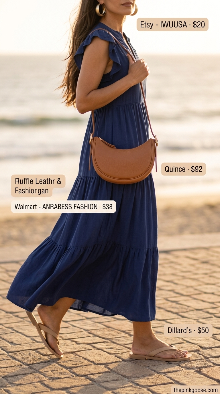 Casual Friday summer outfits for women 2026: Navy maxi dress, tan sandals, and gold hoops for a relaxed beach vacation vibe.