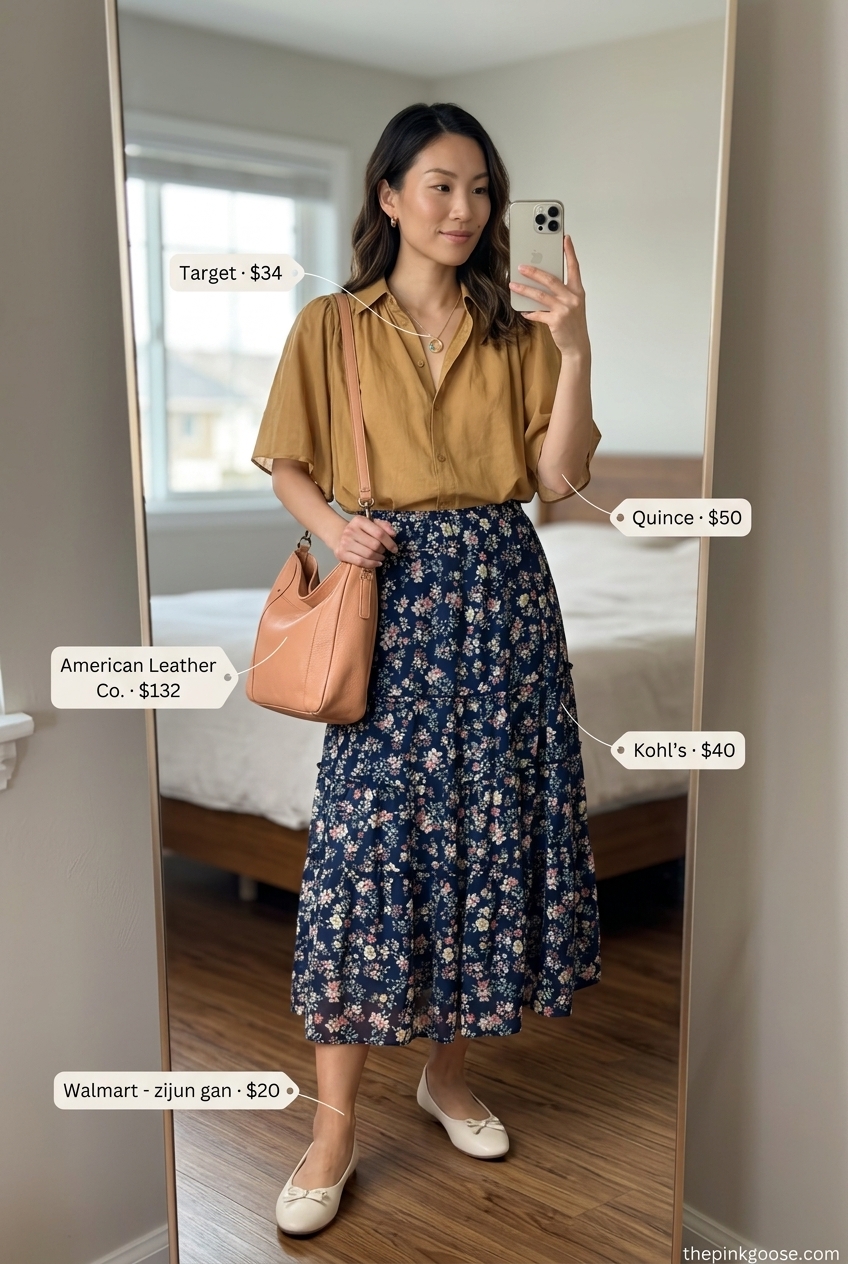 Casual Friday summer outfit for women 2026: Floral midi skirt, white blouse, and tan ballet flats.