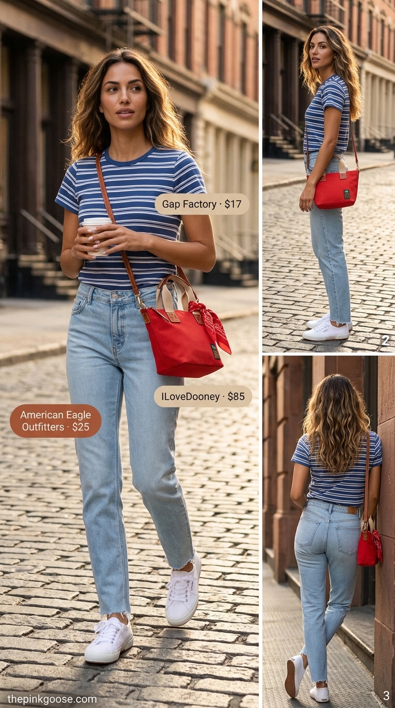 Casual Friday summer outfit for women 2026: Mom jeans, striped tee, bandana, and canvas sneakers.