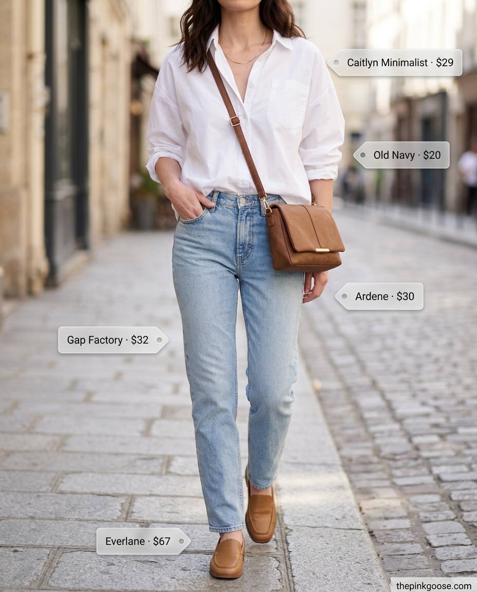 Casual Friday summer outfits for women 2026: High-waisted jeans, white button-down, loafers, and crossbody bag for classic style.