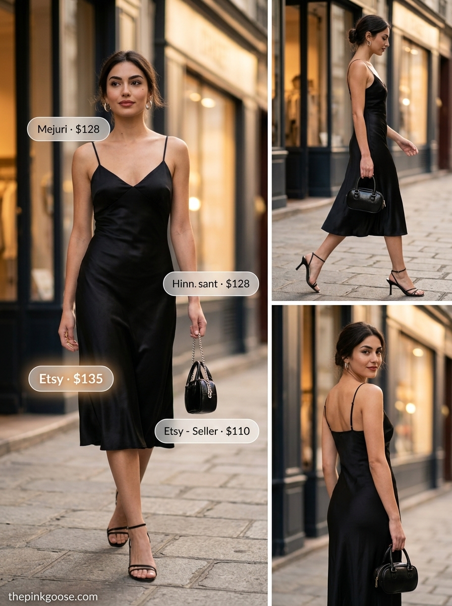 Casual Friday summer outfits for women 2026: Black slip dress with heeled sandals and silver earrings.