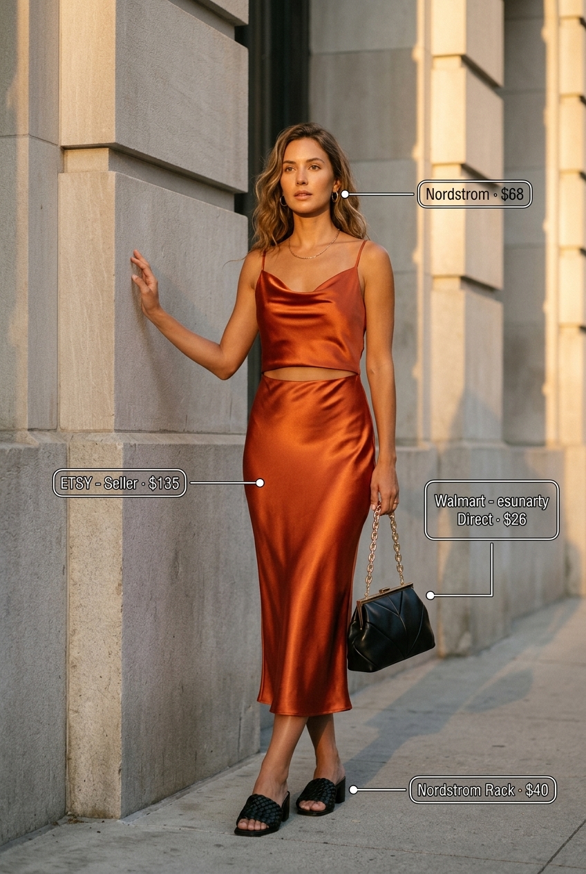 Casual Friday summer outfit for women 2026: Coral slip dress, black mules, and gold accessories.