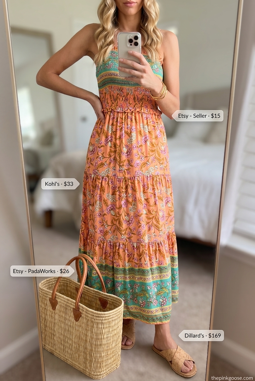 Casual Friday summer outfit for women 2026: Coral floral maxi dress, straw tote, and strappy sandals.