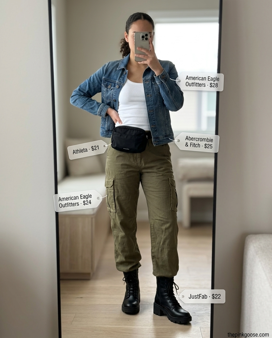 Casual Friday summer outfit for women 2026: Olive cargo pants, knit tank, denim jacket, and combat boots.