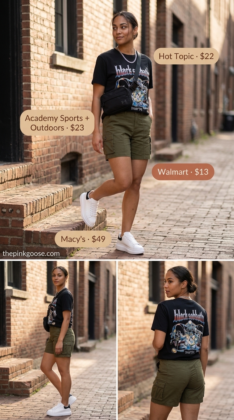 Casual Friday summer outfit for women 2026: Olive cargo shorts, graphic tee, belt bag, and chunky sneakers.