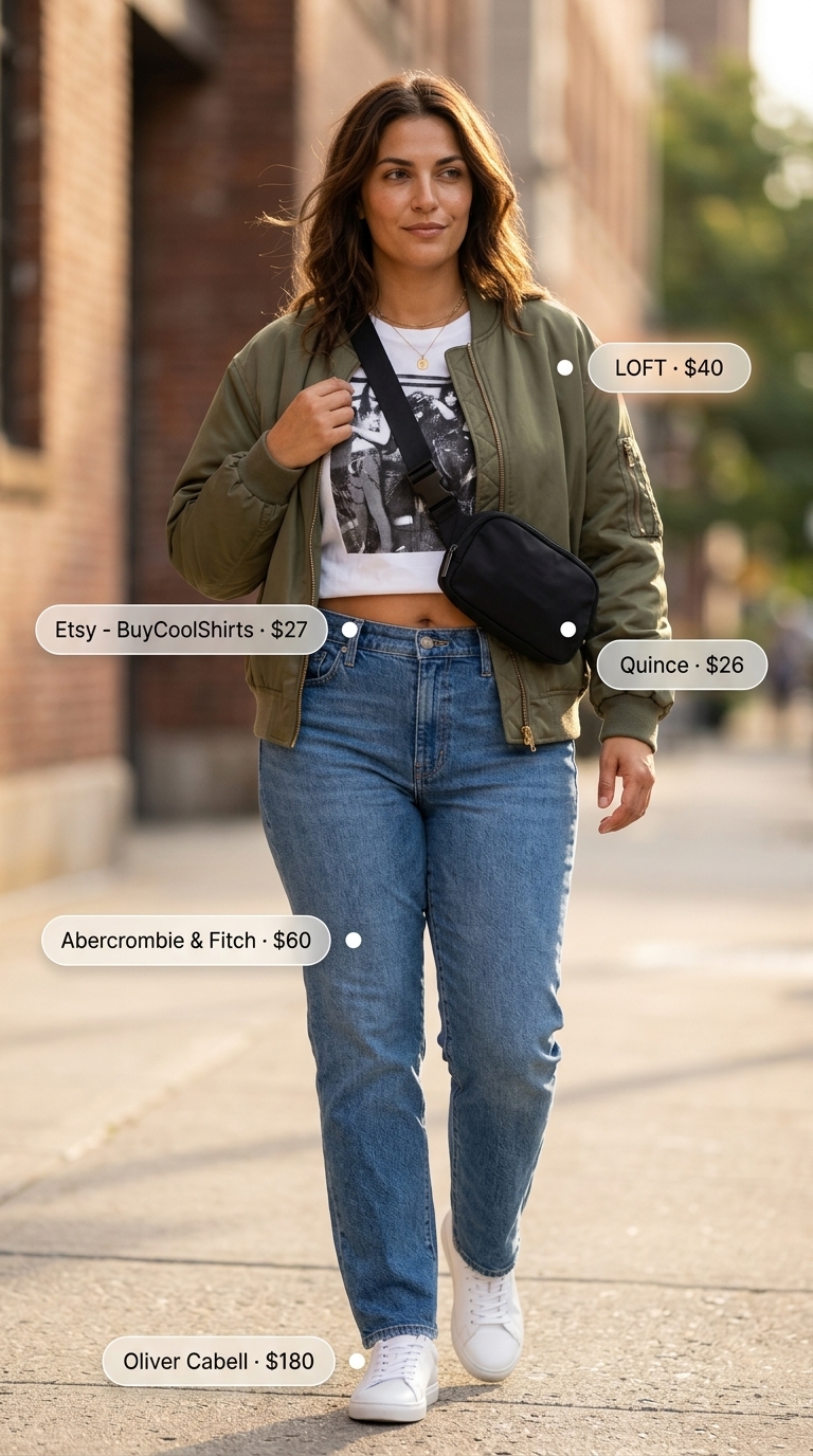 Casual midsize outfits summer for women 2026: Bomber jacket, graphic tee, straight-leg jeans for urban style.
