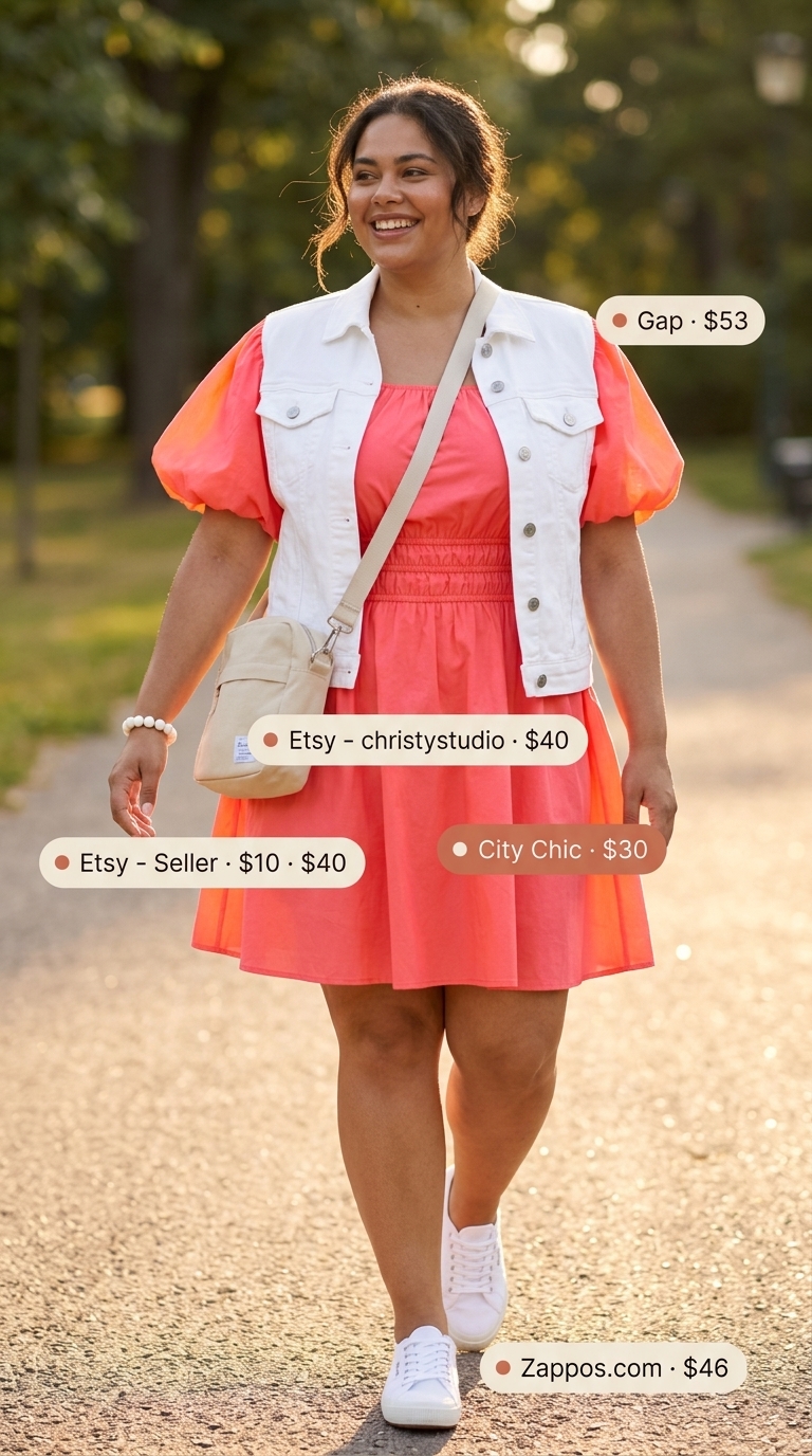 Casual midsize outfits summer for women 2026: Coral pink mini dress, white denim jacket, sneakers for a fun day.