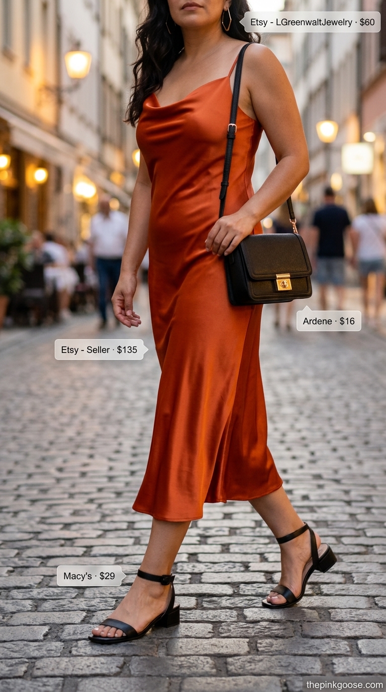 Casual midsize outfits summer for women 2026: Coral slip dress, black heels, statement earrings for evening.