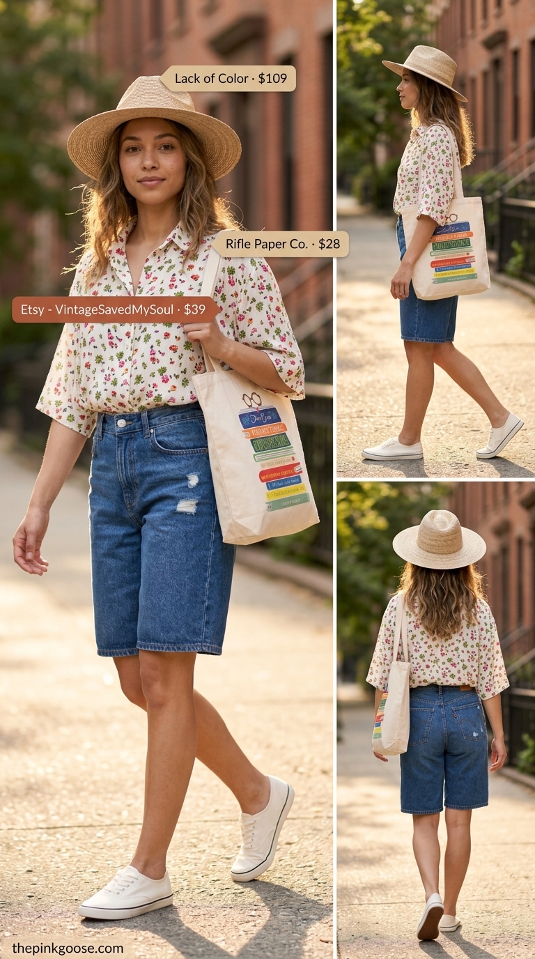 Casual midsize outfits summer for women 2026: Floral oversized shirt, denim shorts, straw hat for errands.