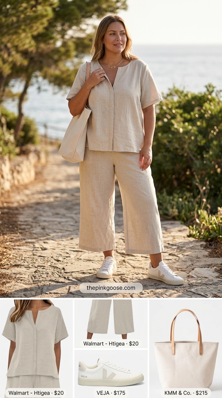 Casual midsize outfits summer for women 2026: Linen shorts set, sneakers, tote bag for relaxed days.