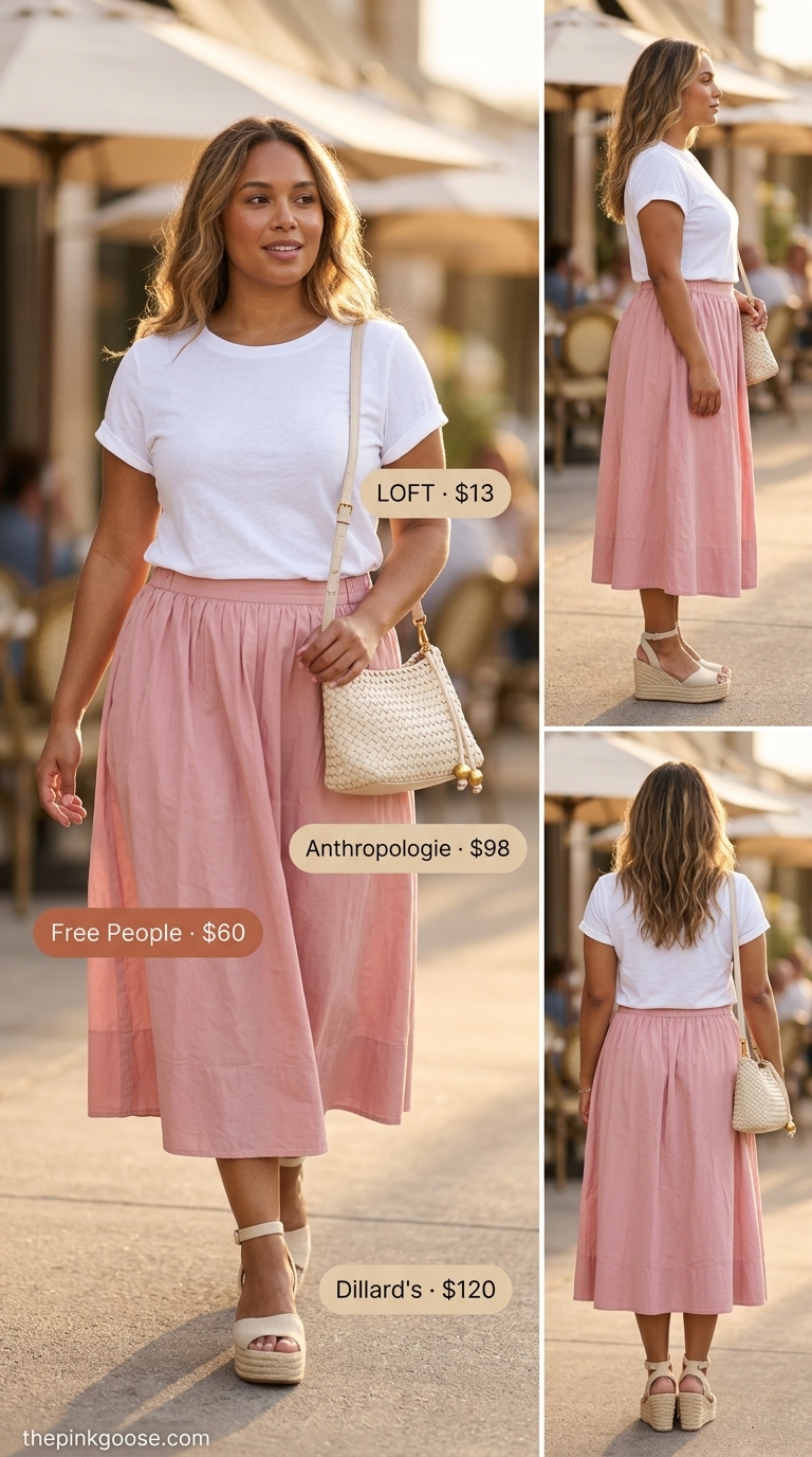 Casual midsize outfits summer for women 2026: Blush pink midi skirt, white tee, espadrilles for a picnic.