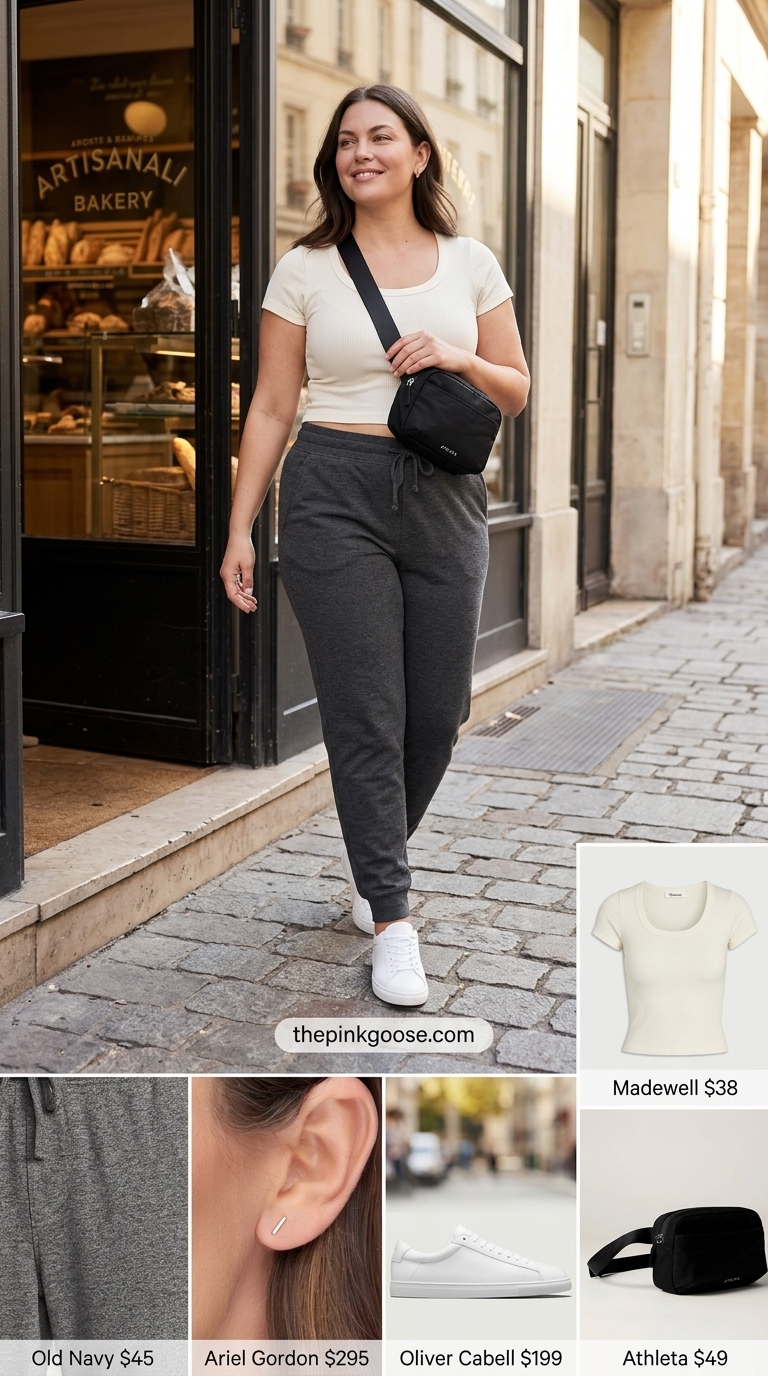 Casual midsize outfits summer 2026: Charcoal joggers, cream crop top, white sneakers, silver studs, belt bag.